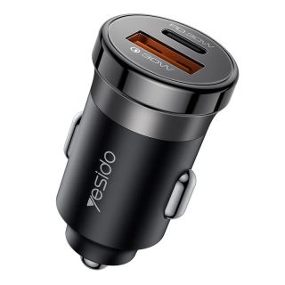 Yesido Super Fast Car Charger 30 Watt with USB-C & USB-A Ports and USB-C to Lightning Iphone Cable