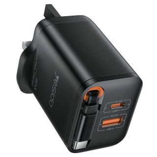 Yesido Quick Charger 40 Watt with 2x Ports USB-C and USB-A with Built in USB-C Cable